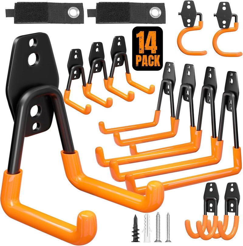 Wallavant Garage Hooks Heavy Duty 14 Pack Utility Wall Mount Storage Hangers with Mop Broom Holders Extension Cord Holder Organizer for Power Tool Garden Tool Ladder Hose - Image 1